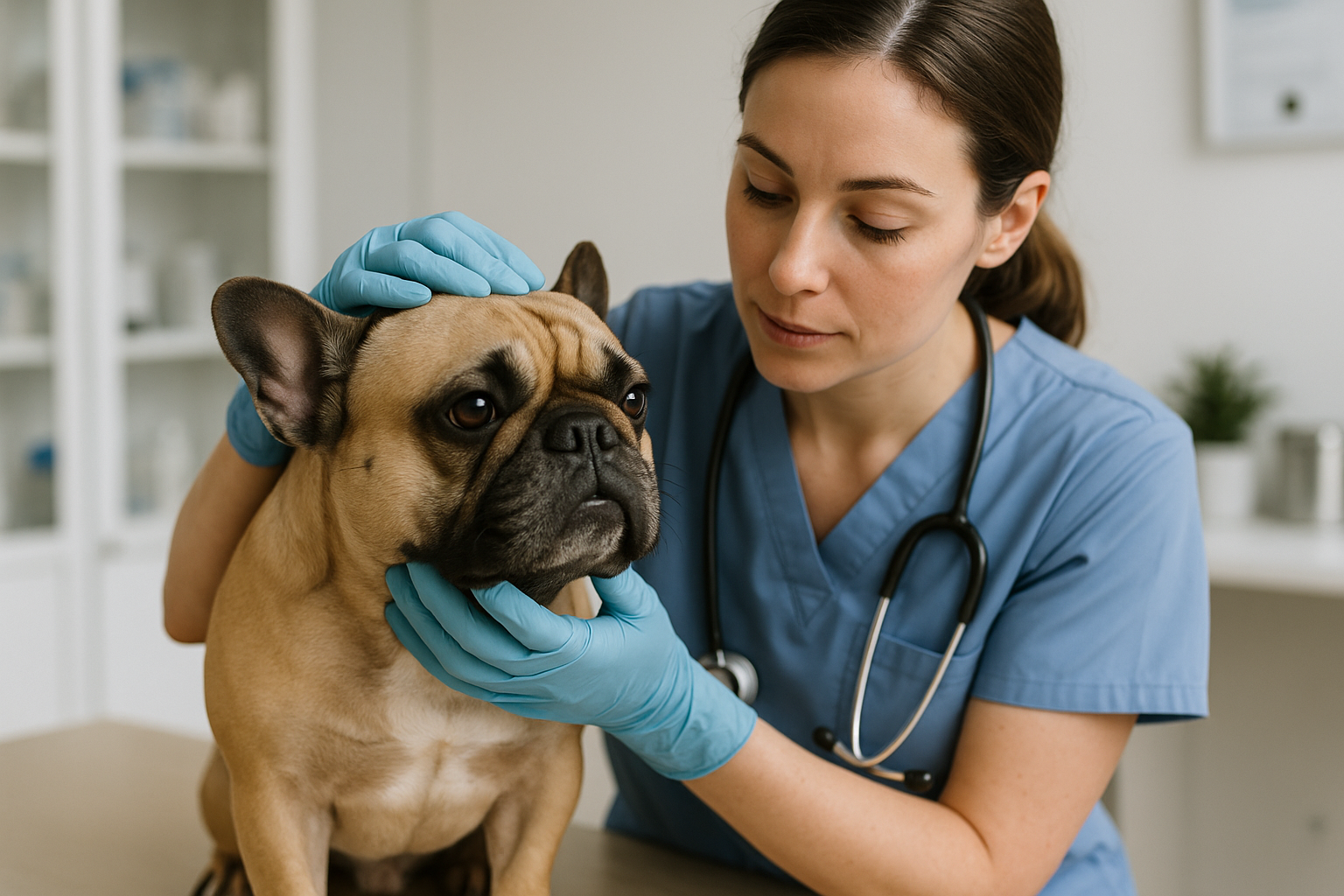 Hund liegt ruhig auf Untersuchungstisch beim Tierarzt